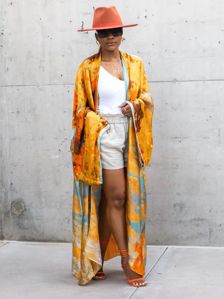 Gold Printed Long Kimono Wrap Dress