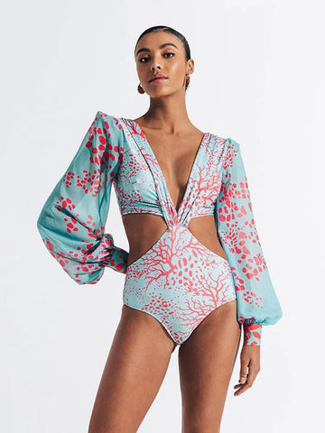 V-Neck Bandage Print Long Sleeve Monokini