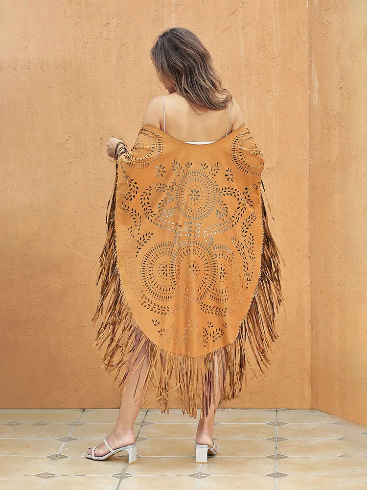 Sexy Camel Suede Floral Hollow Out Kimono