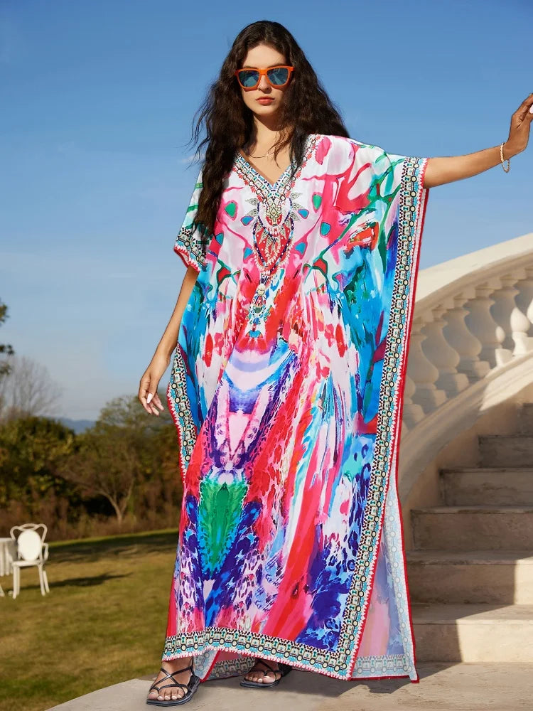 Embroidery Printing Long Kaftan Cover Up